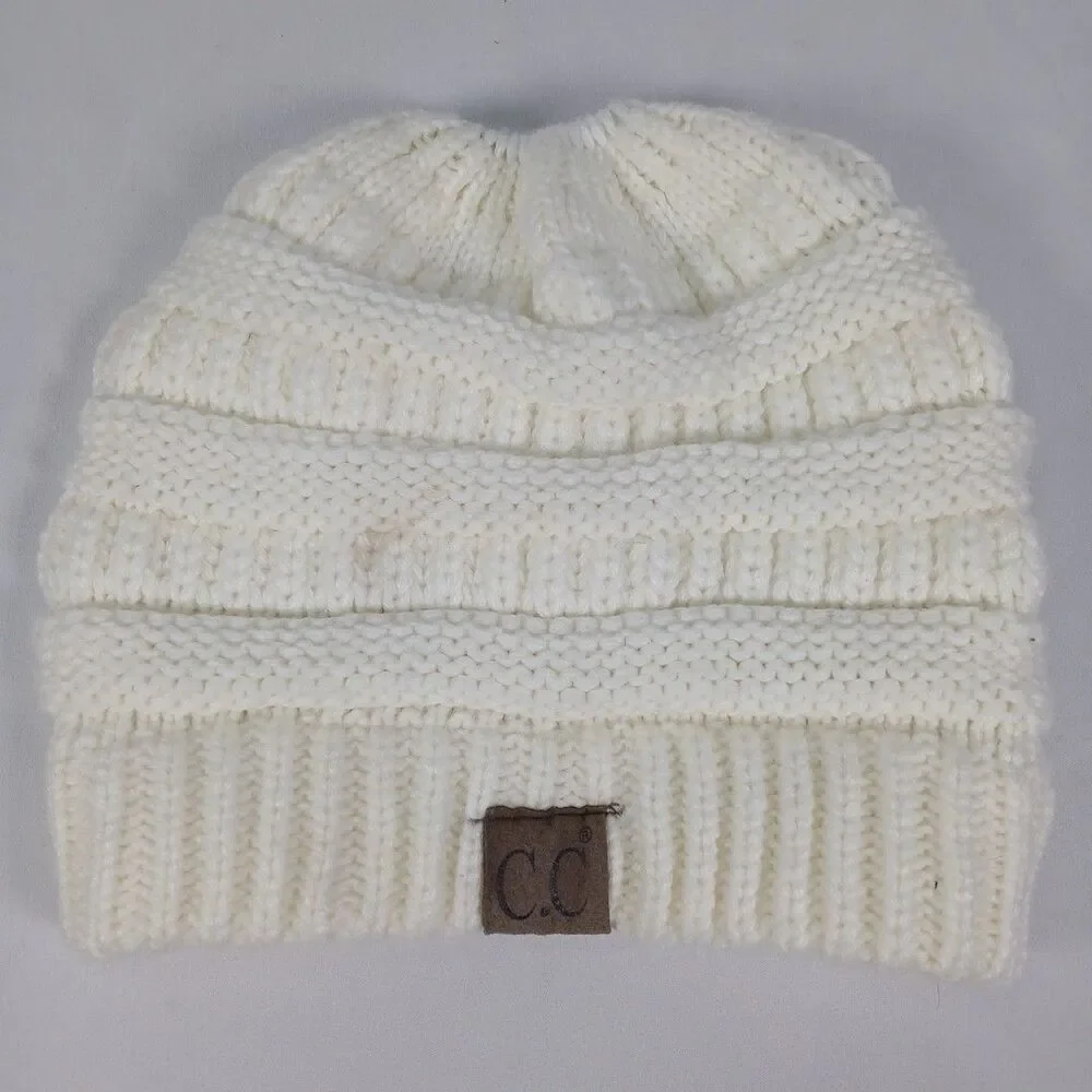 CC Womens OS Ponytail Messy Bun Beanie Ivory Knit Winter Hat Stretch Acrylic